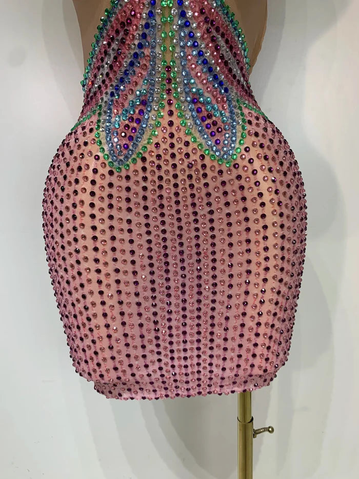 Miranda colorful crystal mesh bodycon mini dress. V-neck party dress for birthdays, vacations, nightlife, and stage performances.