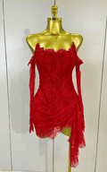 Mya strapless backless red lace bodycon mini dress with gloves. Sexy split party outfit for birthdays, nightlife, and events.