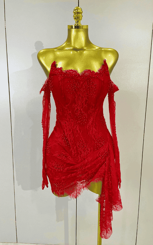 Mya strapless backless red lace bodycon mini dress with gloves. Sexy split party outfit for birthdays, nightlife, and events.