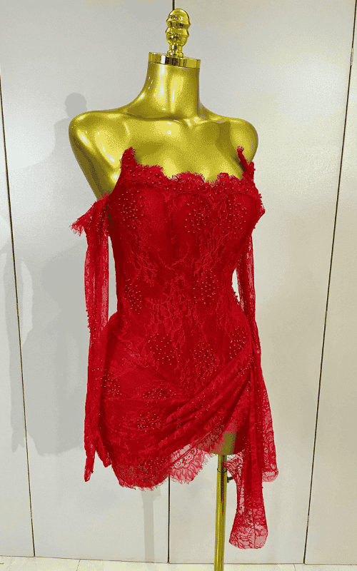 Mya strapless backless red lace bodycon mini dress with gloves. Sexy split party outfit for birthdays, nightlife, and events.