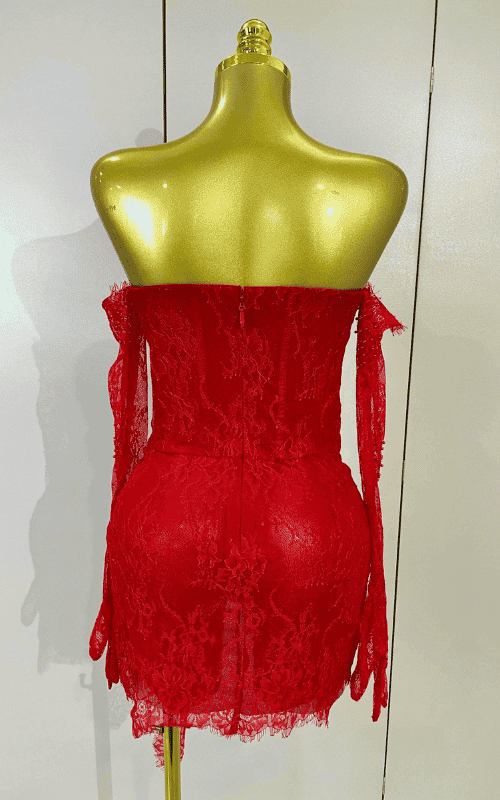 Mya strapless backless red lace bodycon mini dress with gloves. Sexy split party outfit for birthdays, nightlife, and events.