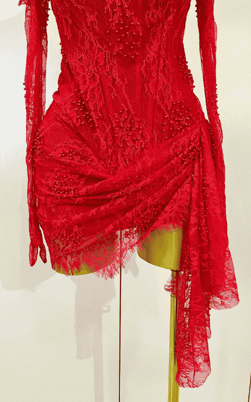 Mya strapless backless red lace bodycon mini dress with gloves. Sexy split party outfit for birthdays, nightlife, and events.