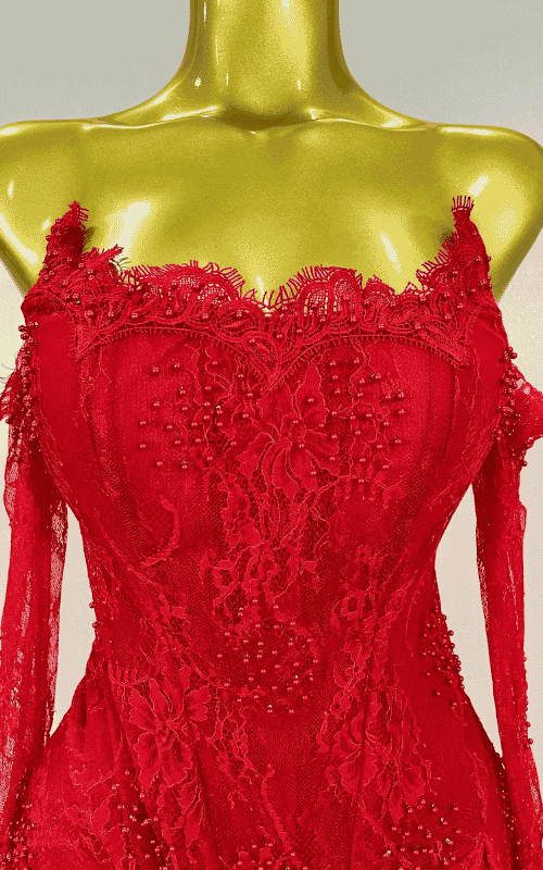 Mya strapless backless red lace bodycon mini dress with gloves. Sexy split party outfit for birthdays, nightlife, and events.