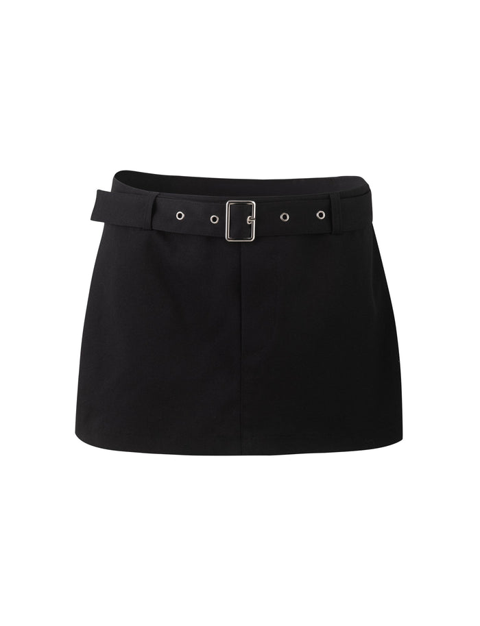 The NADINE SKORT - BLACK from TIGERMIST is a black mini skort featuring a high waist and a wide belt with a silver buckle and multiple eyelets. It has a simple, straight design and is displayed on a white background.