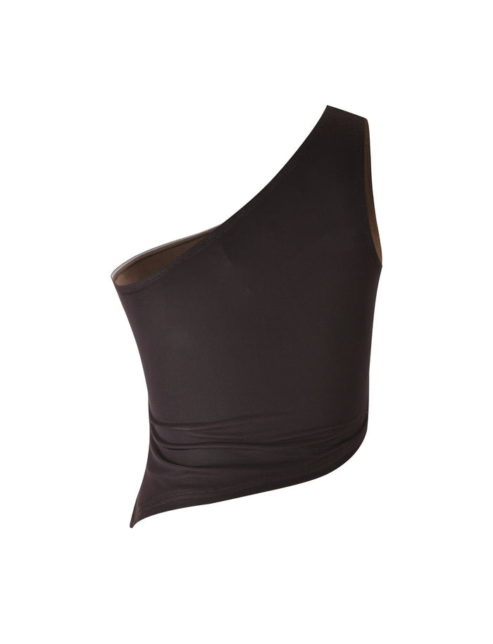 The NANCI TOP - BROWN : BUTTERFLY from TIGERMIST is a sleek and fitted, asymmetrical one-shoulder crop top. Featuring a diagonal hemline, the fabric extends slightly lower on one side, creating a stylish and modern look with its smooth and stretchy texture.