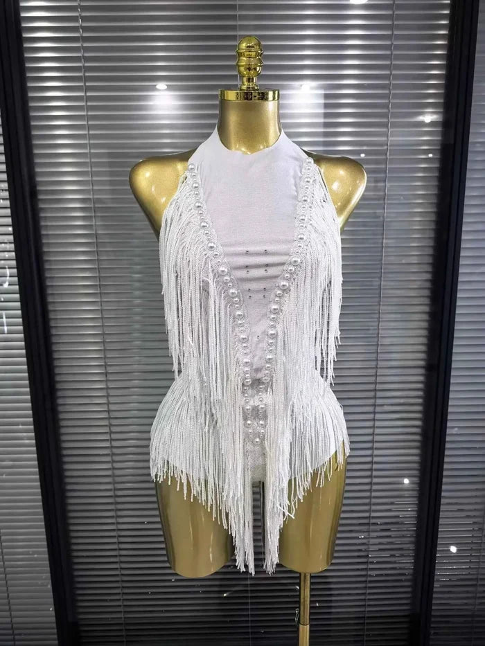 Natalia sexy halter backless beaded sequin tassel bodysuit for nightclub and birthday party styling