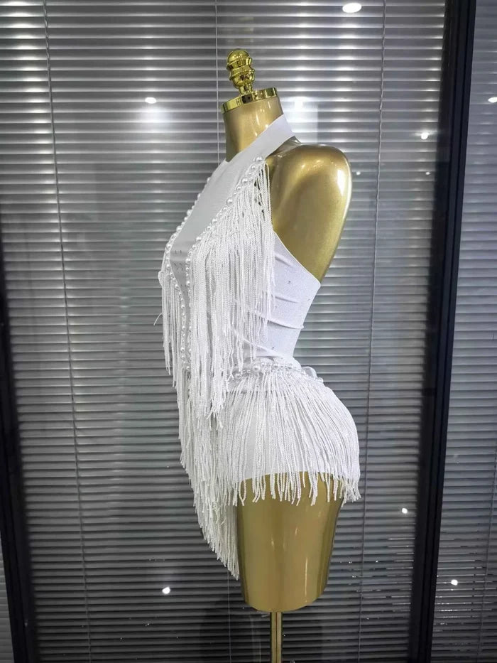 Natalia sexy halter backless beaded sequin tassel bodysuit for nightclub and birthday party styling