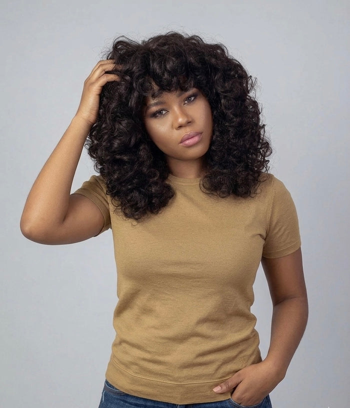 Natural Deep Curly Full Volume Human Hair Wig with Bangs