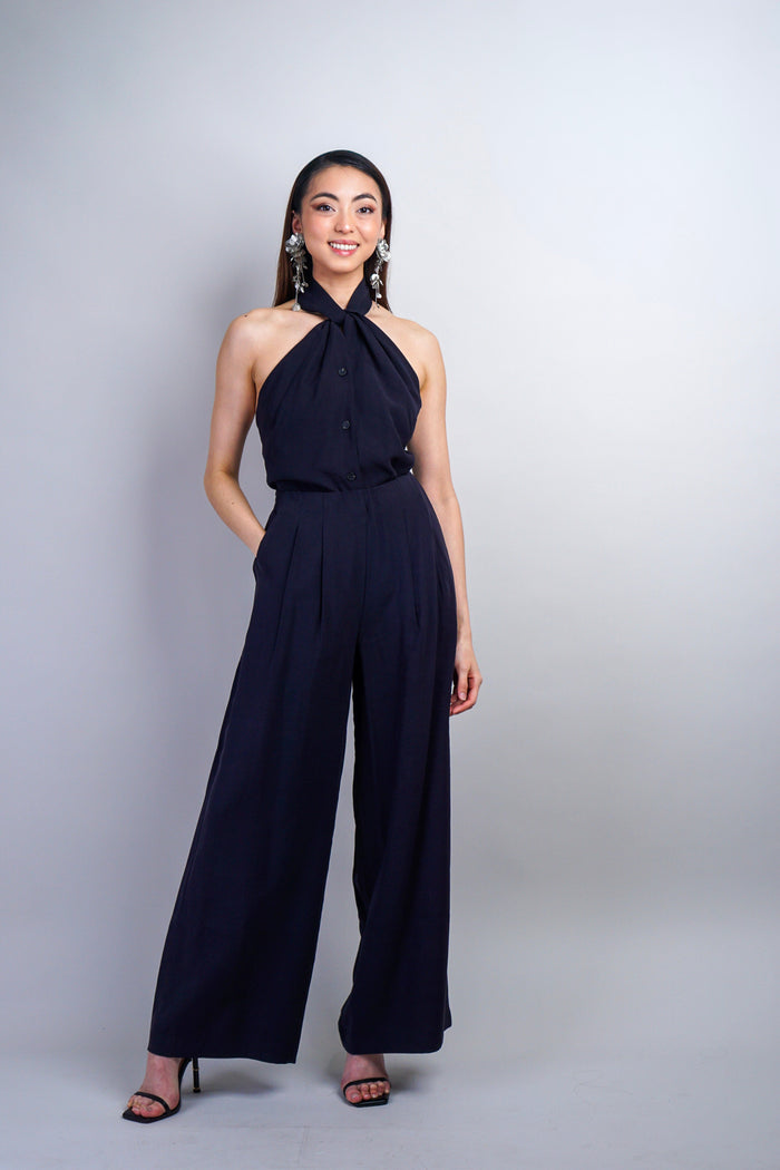 Private Label TOPS Navy Halter Button Backless Top