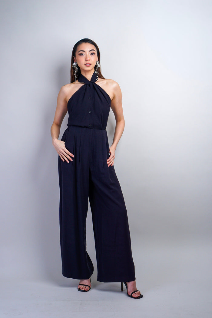Private Label TOPS Navy Halter Button Backless Top