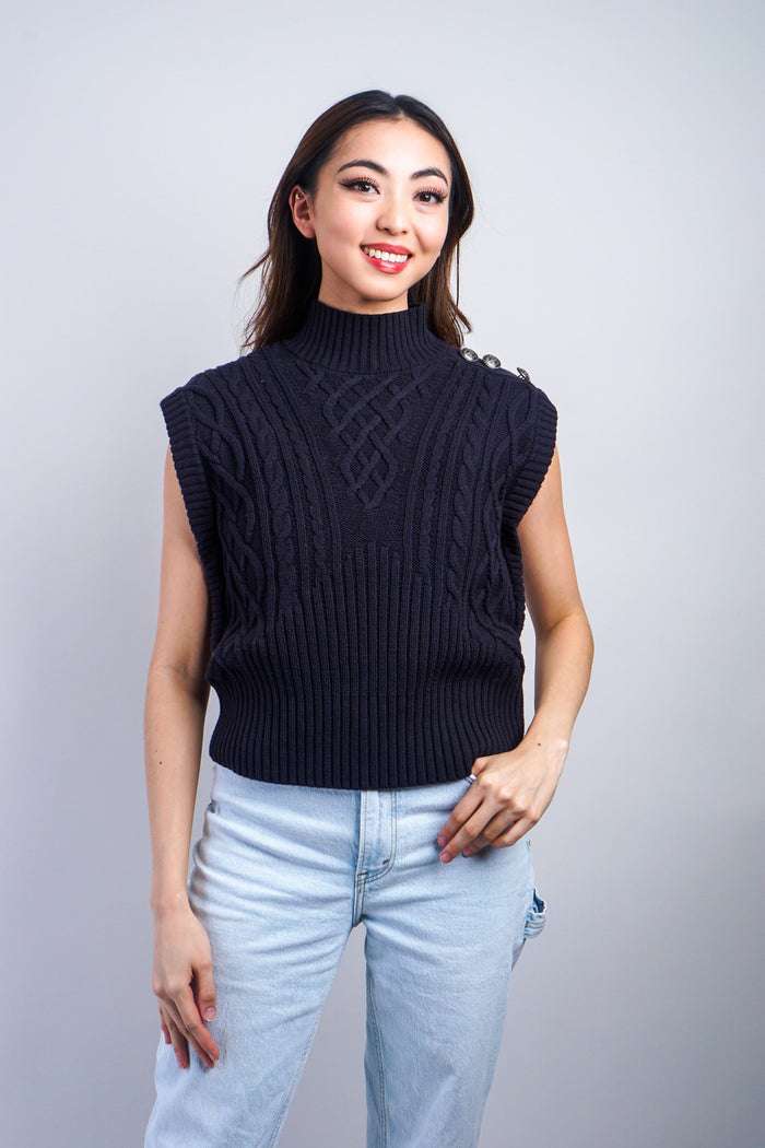 Private Label SWEATERS Navy Mock Neck Button Sweater