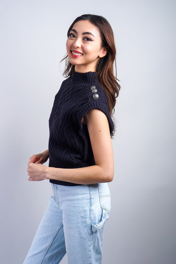 Private Label SWEATERS Navy Mock Neck Button Sweater