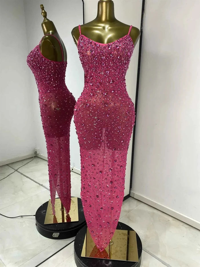 Nayeli Sparkly Rhinestone Mesh Asymmetric Long Dress