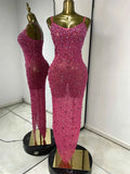 Nayeli Sparkly Rhinestone Mesh Asymmetric Long Dress