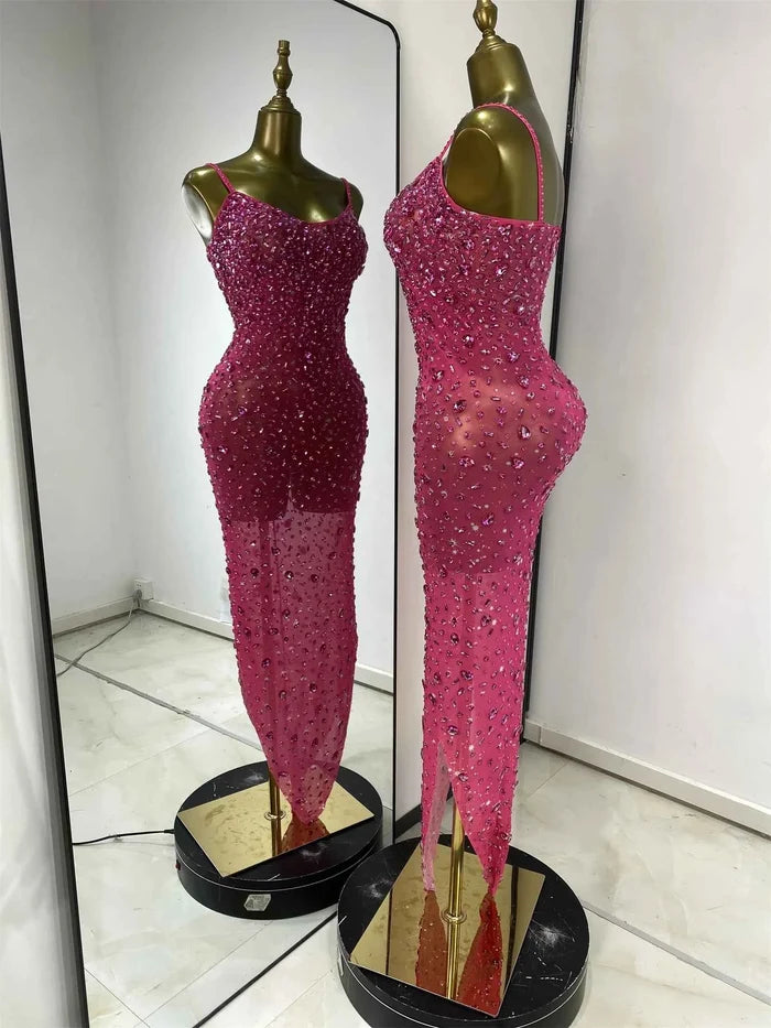 Nayeli Sparkly Rhinestone Mesh Asymmetric Long Dress