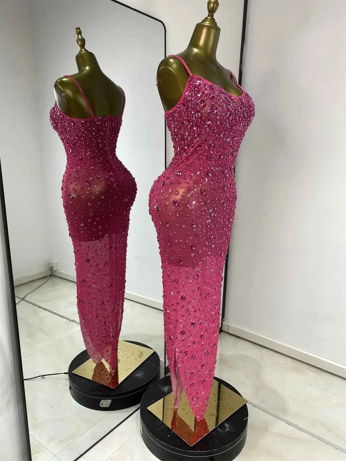 Nayeli Sparkly Rhinestone Mesh Asymmetric Long Dress