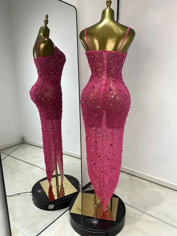 Nayeli Sparkly Rhinestone Mesh Asymmetric Long Dress