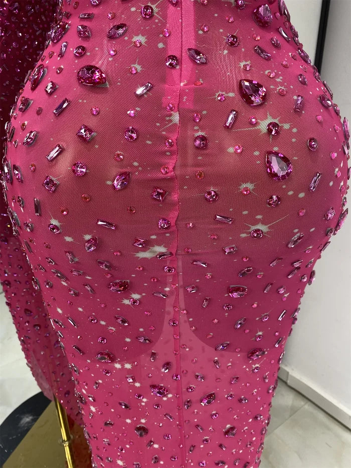 sparkly rhinestone mesh asymmetric long dress for evening gala and cocktail party styling