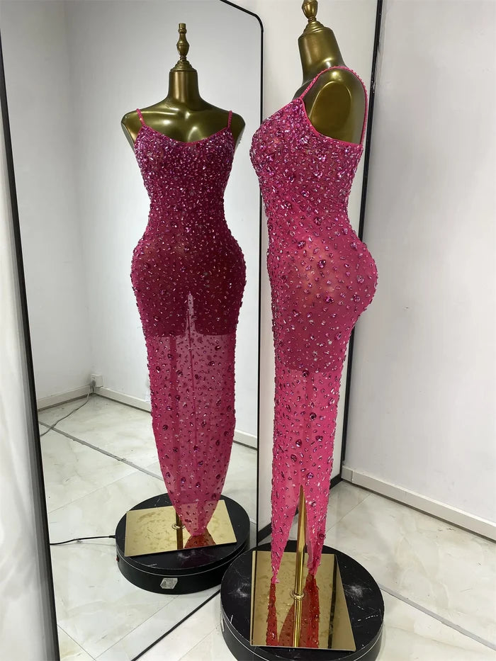 sparkly rhinestone mesh asymmetric long dress for evening gala and cocktail party styling