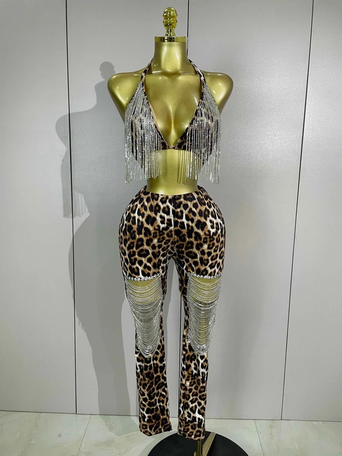 Naylani Sparkly Rhinestones Chains Leopard Print Bikini Top Pants Two Pieces Set