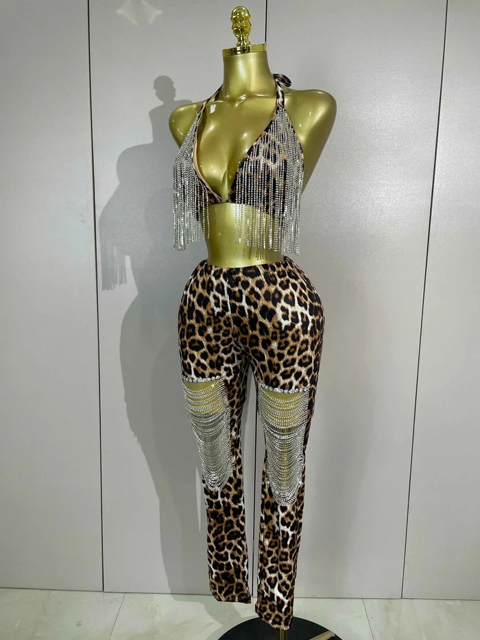Naylani Sparkly Rhinestones Chains Leopard Print Bikini Top Pants Two Pieces Set