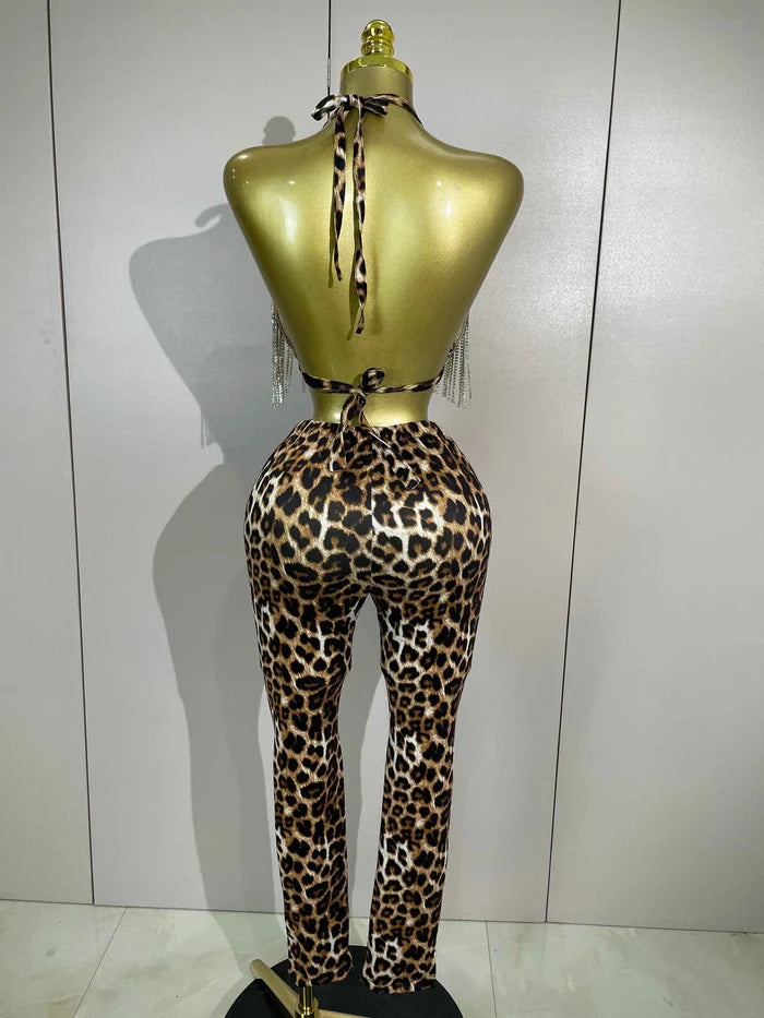Naylani Sparkly Rhinestones Chains Leopard Print Bikini Top Pants Two Pieces Set