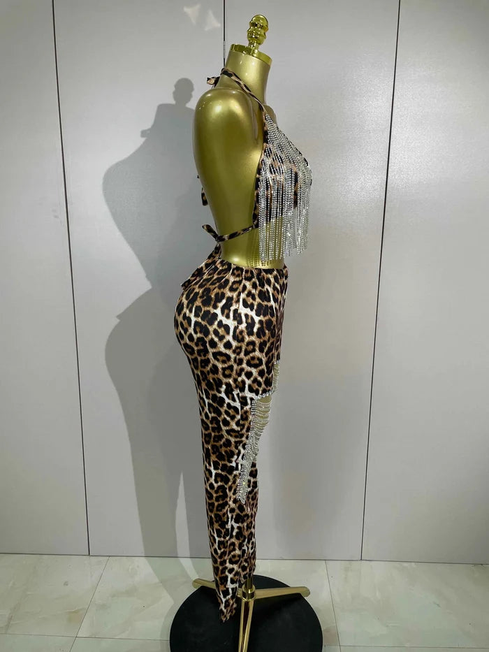 Naylani Sparkly Rhinestones Chains Leopard Print Bikini Top Pants Two Pieces Set