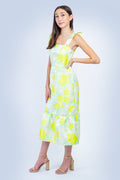 DCD DRESSES Neon Yellow Mint Floral Square Midi Dress