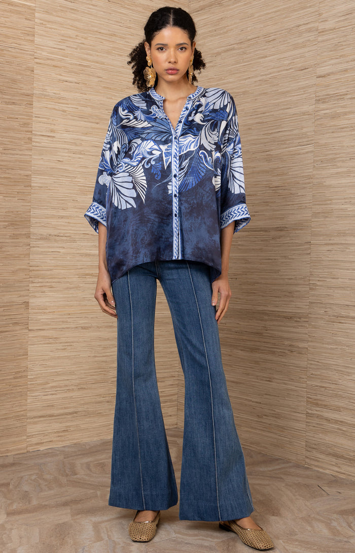 Neriah Charmeuse Top, color-Navy