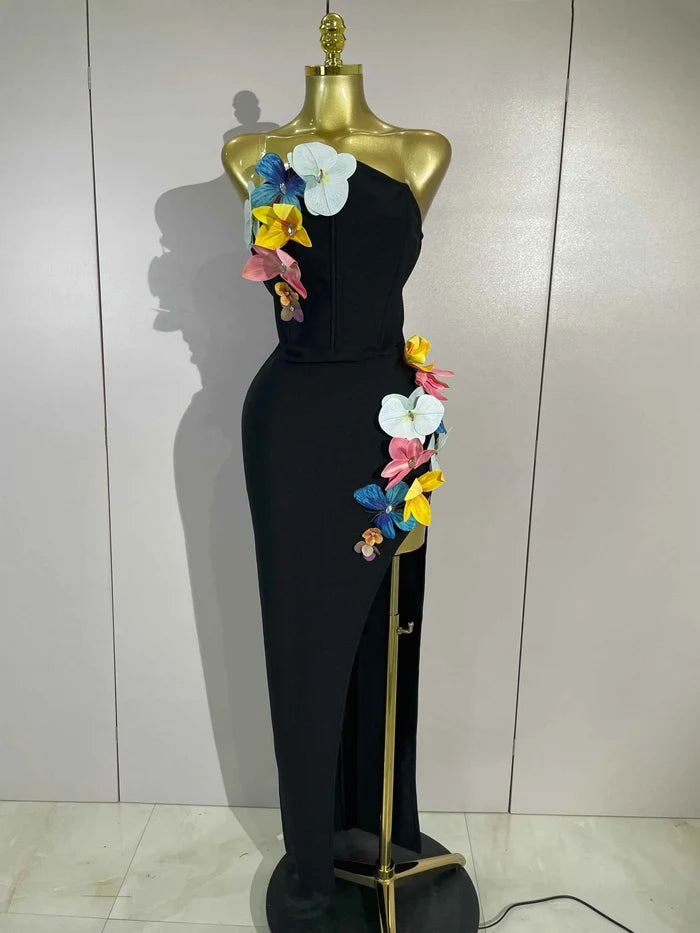 Ness 3D Flower Backless Side Slit Bodycon Bandage Dress