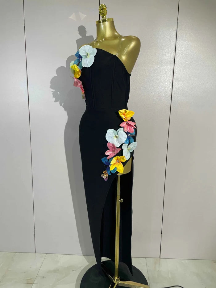 Ness 3D Flower Backless Side Slit Bodycon Bandage Dress
