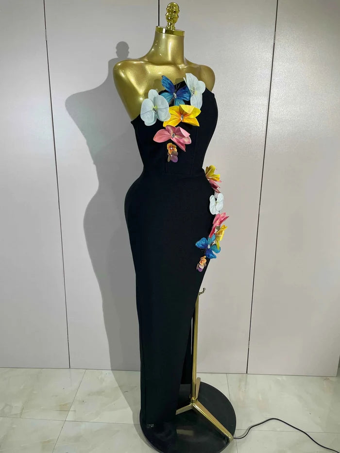 Ness 3D Flower Backless Side Slit Bodycon Bandage Dress