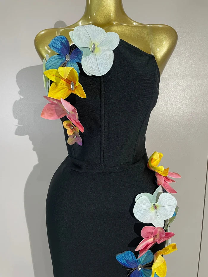 Ness 3D flower backless side slit bodycon bandage gown for women. Elegant party dress for prom, birthdays, and evening events.