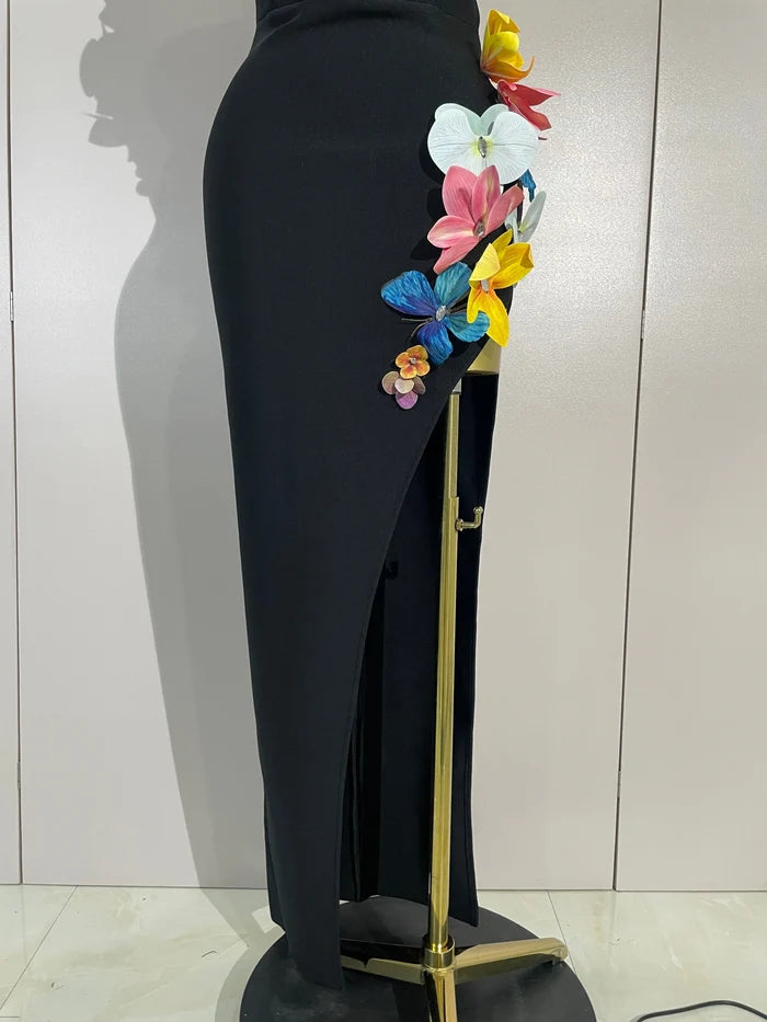 Ness 3D flower backless side slit bodycon bandage gown for women. Elegant party dress for prom, birthdays, and evening events.