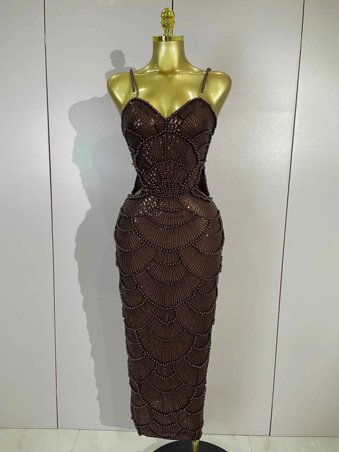 Nia Pearl Beaded Sequin Strap Bodycon Long Dress
