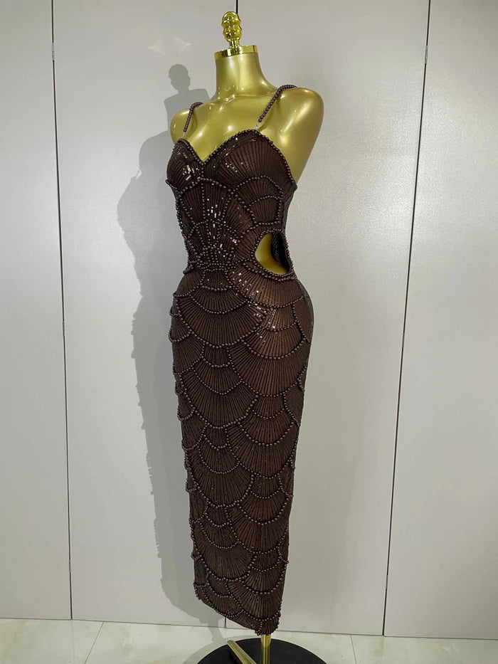 Nia Pearl Beaded Sequin Strap Bodycon Long Dress