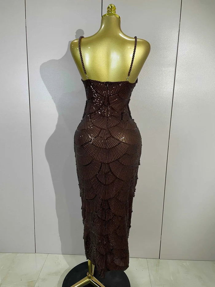 Nia Pearl Beaded Sequin Strap Bodycon Long Dress
