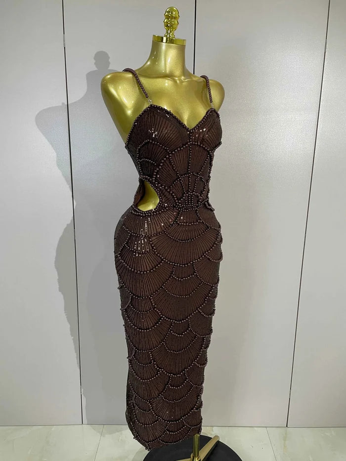 Nia Pearl Beaded Sequin Strap Bodycon Long Dress