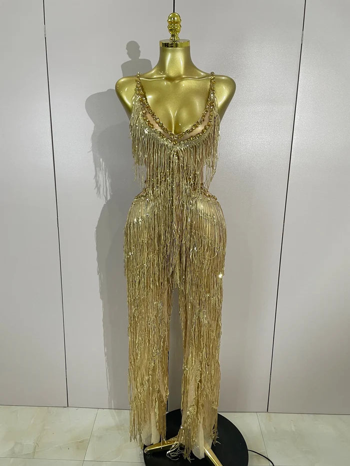 Nia sparkly Gold rhinestones sequined fringe jumpsuit for women – sexy stage, birthday, and nightclub performance outfit.