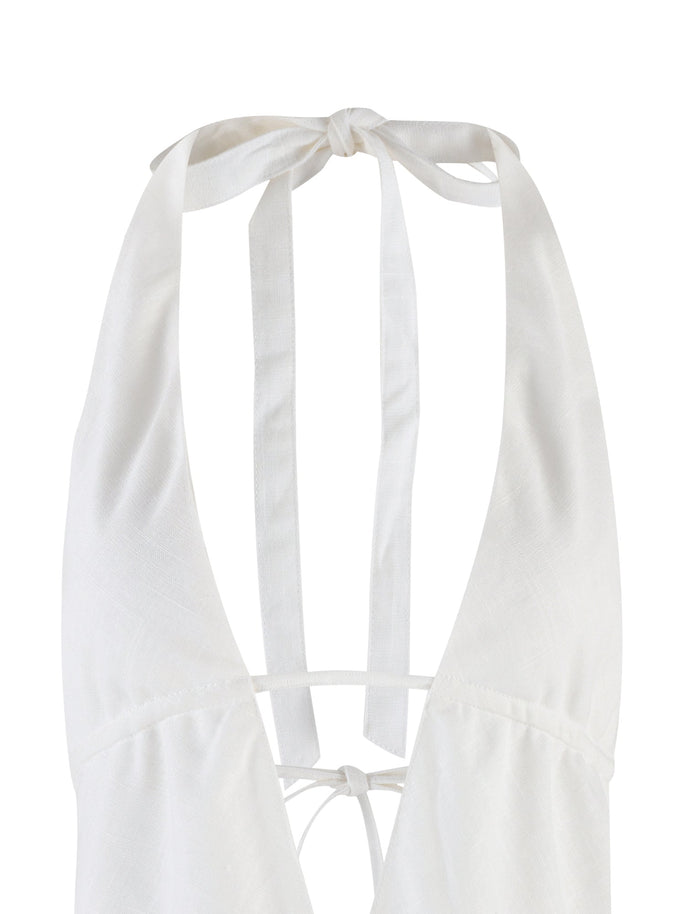 Image of the NICOLA TOP - WHITE from TIGERMIST seen from the back, showcasing a V-shaped neckline and tied straps at the neck and lower back. The fabric, indicative of Tiger Mist's renowned quality, appears soft and slightly textured.