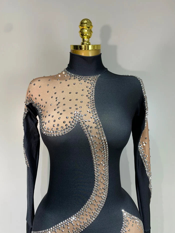 Nicole sparkly rhinestone bodycon performance bodysuit for women. Glamorous outfit for stage shows, birthdays, and nightlife.