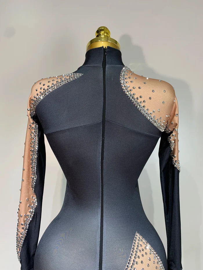 Nicole sparkly rhinestone bodycon performance bodysuit for women. Glamorous outfit for stage shows, birthdays, and nightlife.