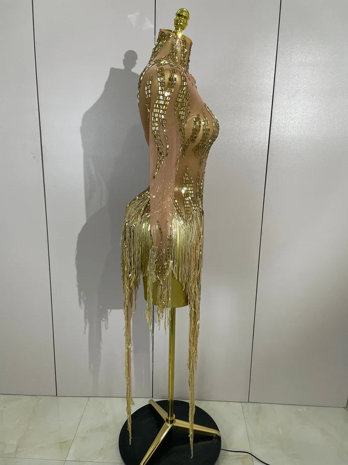 Nina sexy sparkly rhinestone golden sequins tassel mesh dress for women party evening