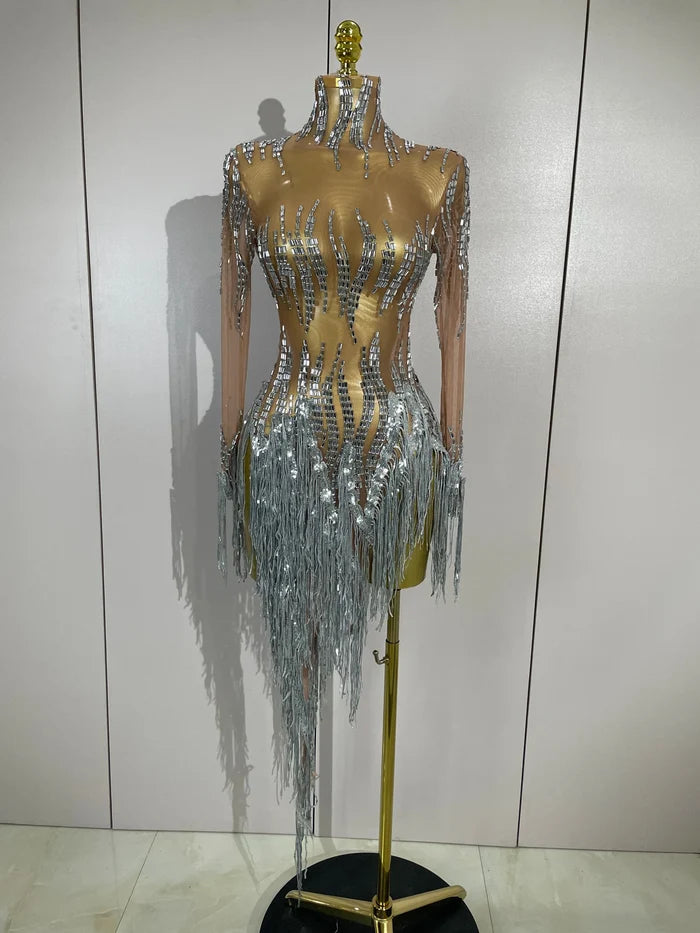 Nina sexy sparkly rhinestone golden sequins tassel mesh dress for women party evening
