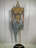 Nina sexy sparkly rhinestone golden sequins tassel mesh dress for women party evening