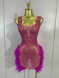 Nina Sparkly Rhinestone Feather Hot Pink Mesh Bodycon Mini Dress for Women