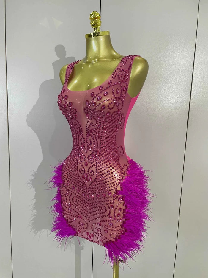 Nina Sparkly Rhinestone Feather Hot Pink Mesh Bodycon Mini Dress for Women