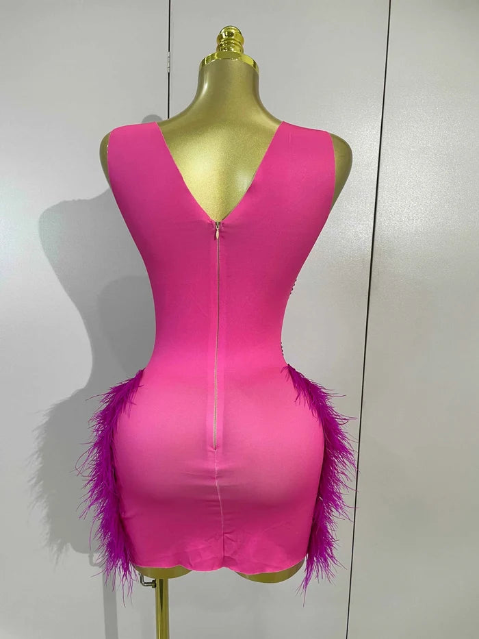 Nina Sparkly Rhinestone Feather Hot Pink Mesh Bodycon Mini Dress for Women