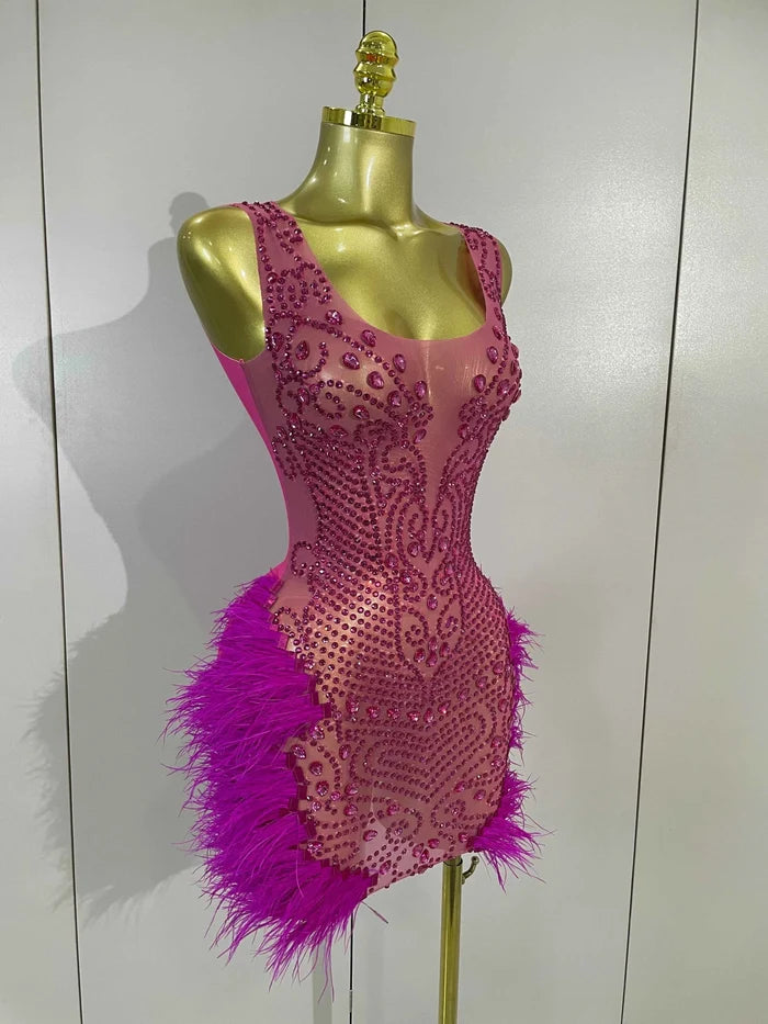 Nina Sparkly Rhinestone Feather Hot Pink Mesh Bodycon Mini Dress for Women