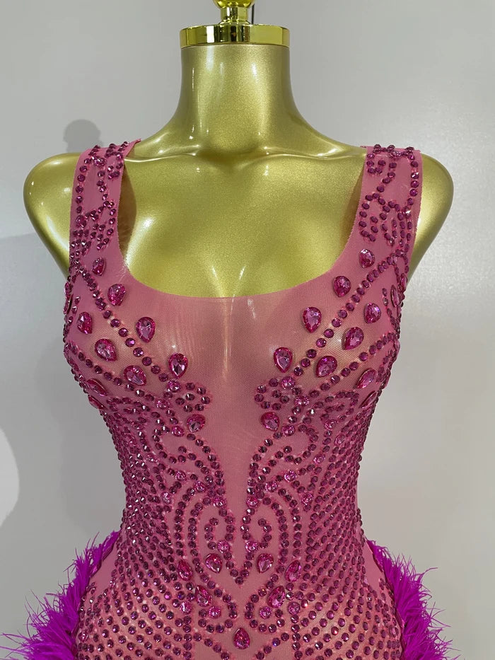Stand out in the Nina hot pink rhinestone feather bodycon mini dress. Perfect for birthdays, nightclubs, stage performances, and parties.